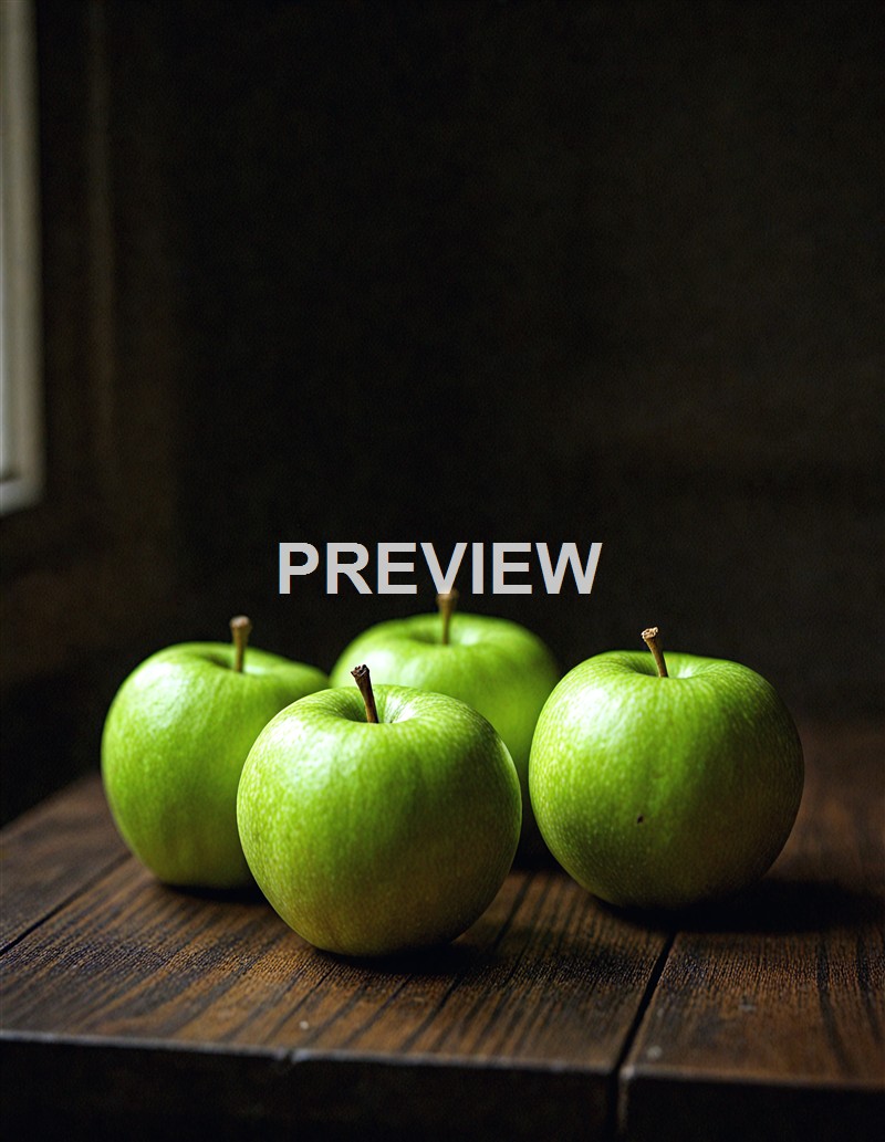 Four bright green apples are arranged on a dark wooden surface near a window with natural light illuminating them, set against a dark background.